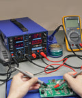 Three In One SMD Soldering Iron Station With Hot Air Rework DC Power Supply With Volt Meter 0 To 15V 0 To 2A Output 5V USB Port in use