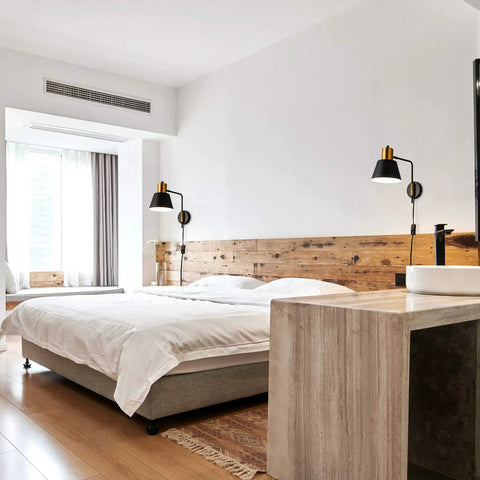 Bedroom with Modern Swing Arm Wall Sconce Set Of Two Plug In Black Wall Lights With 360 Degree Rotatable Shade