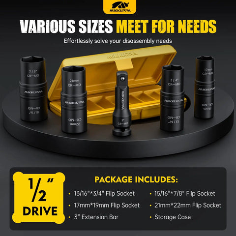 Heavy Duty Half Inch Drive Impact Socket Set With Flip Heads Double Sided Cr-Mo Steel showed with 3 inch extension bar