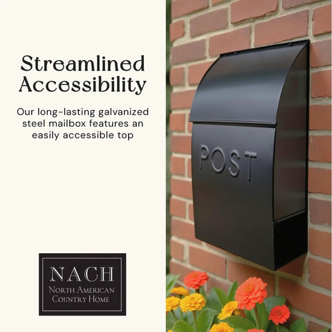 Outdoor Wall Mounted Mailbox With Newspaper Holder Black Weatherproof Steel attached to brick wall near flowers