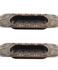 Two Pack 4.13 Inch European Recessed Flush Pull Handle Set In Stainless Steel With Antique Copper Finish For Cabinets Closets Dressers And Drawers Inset Sliding Door Handle Modern Vintage Style Rust Resistant. Front view of decorative flush pull handles with antique copper design.