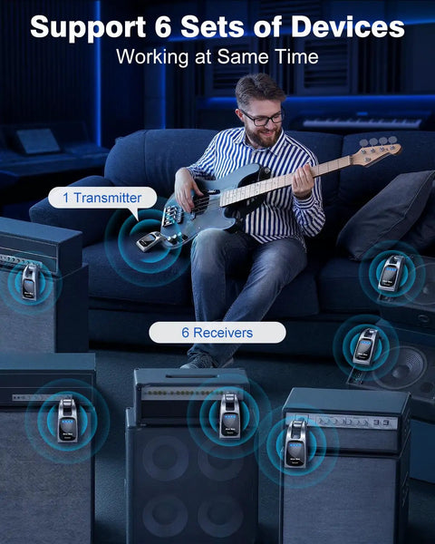 2.4GHz Wireless Guitar System With 6 Channels And Rechargeable Transmitter Receiver in studio setup with musician playing guitar