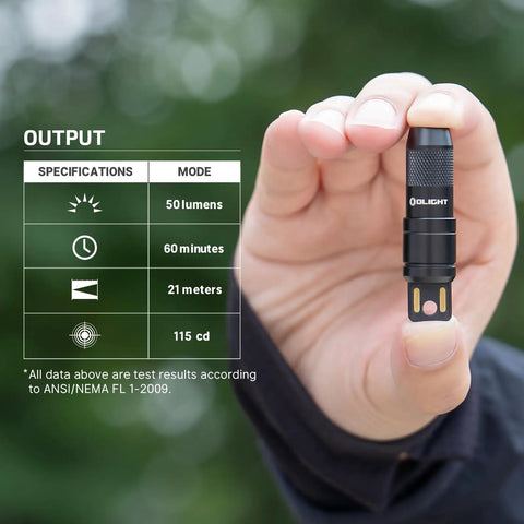 Person holding Mini USB Rechargeable Keychain Flashlight with 50 Lumen Output, specifications displayed beside