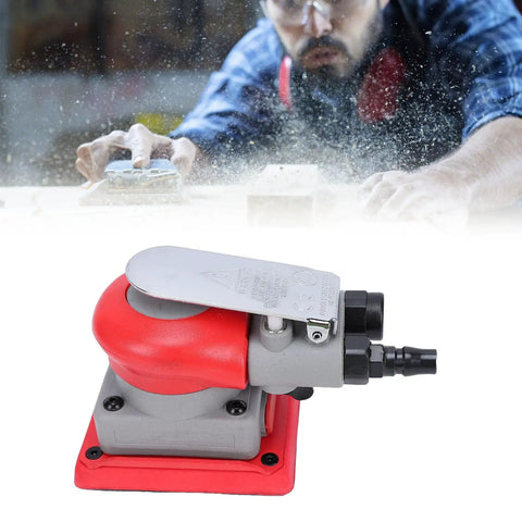 Ultra Sleek And Featherweight Pneumatic Random Orbital Sander And Polisher with red rubber grip and pneumatic connector for sanding.