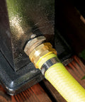 Female Garden Hose End Repair Connector With Clamps Fits Three Quarter And Five Eighths Inch Brass Hose Fittings in use on yellow hose