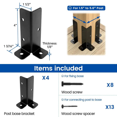 4 Pack Adjustable Post Base Brackets For Wood Posts 1.5x1.5, 2x2, 2x4, 4x4 with included screws shown