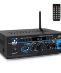 Home Audio Power Amplifier System 2x40W Bluetooth Mini Dual Channel Mixer For PA with remote on white background