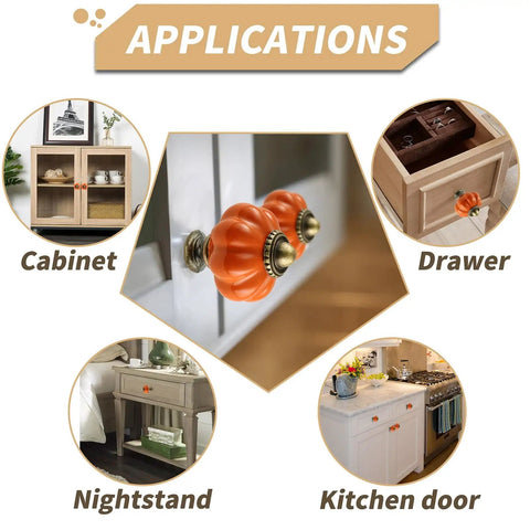 Orange Pumpkin Ceramic Cabinet Knobs Six Pack With Mounting Screws Vintage Drawer Pulls used on cabinet, drawer, nightstand, and kitchen door.
