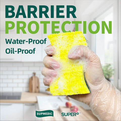 Hand wearing vinyl disposable exam glove holding a yellow sponge in a kitchen, showcasing waterproof and oil-proof protection.