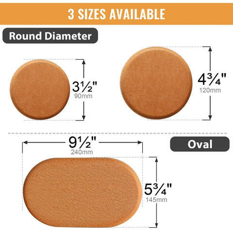 Heavy Duty Felt Furniture Sliders For Hardwood Floors And tile Pads Protecting Your Home From Scratches While Moving Sofas Dressers And Heavy Appliances With Ease In This Eight Pack Set showing three size options with measurements.