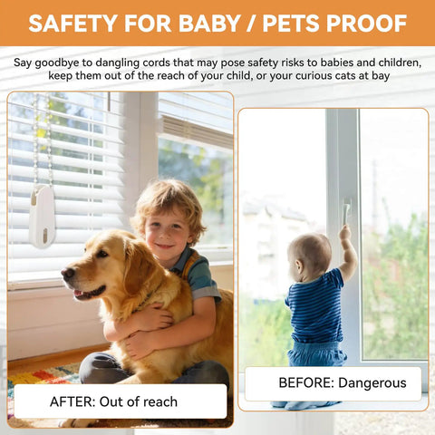 Safety for Baby/Pets proof with Two Pack Universal Window Blind Cord Tensioner keeping cords out of reach of children and pets.