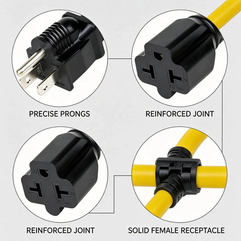 Heavy Duty 12 Awg Nema Four In One Adapter Cable Electrical Power Extension Cord with precise prongs and reinforced joints.