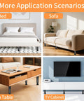Four application scenarios of Heavy Duty Adjustable Bed Support Legs Eight Pack for furniture leveling under bed, sofa, tea table, and TV cabinet.