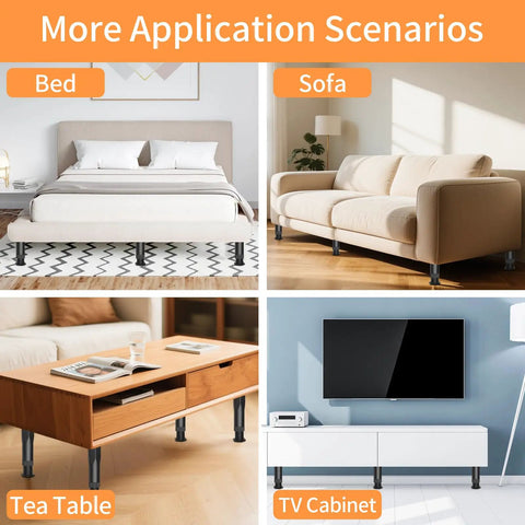 Four application scenarios of Heavy Duty Adjustable Bed Support Legs Eight Pack for furniture leveling under bed, sofa, tea table, and TV cabinet.