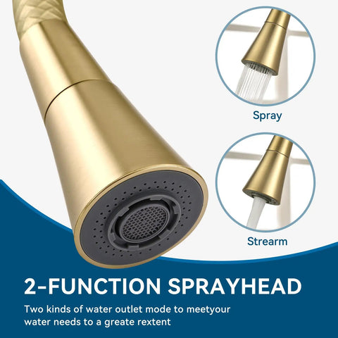 360° Swivel Kitchen Faucet, Pull Down Silicone Faucet with Reinforced Hose sprayhead detail showing spray and stream settings.