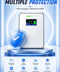 Heavy Duty Level 2 EV Charger With J1772 Adapter And Nema 14 50 Socket Delivers 48 Amps, showing multiple safety features and protection icons.