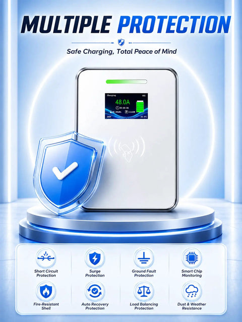 Heavy Duty Level 2 EV Charger With J1772 Adapter And Nema 14 50 Socket Delivers 48 Amps, showing multiple safety features and protection icons.