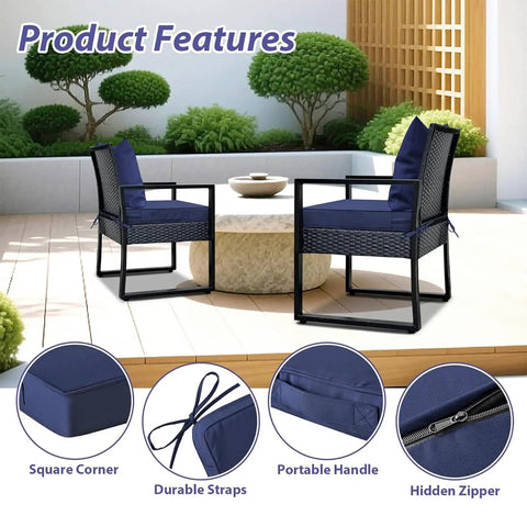 24x24 Inch Waterproof Patio Chair Cushions For Outdoor Furniture with Edge Binding, blue cushions on black metal chairs