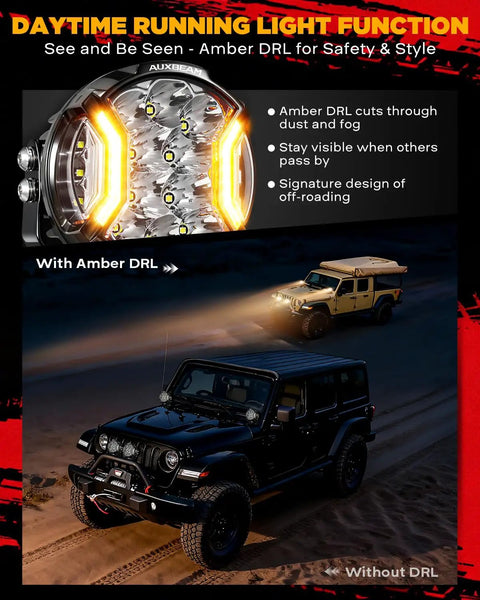 Side Shooter LED Light Bar, 5 Inch 172W Offroad Lights Pods 20400LM, Dual Color Amber DRL And Spotlight, shown on Jeep