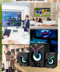 Lifestyle collage showcasing 2.1 Channel Desktop Speakers With Subwoofer And RGB Lighting USB Powered Gaming Speaker in various settings