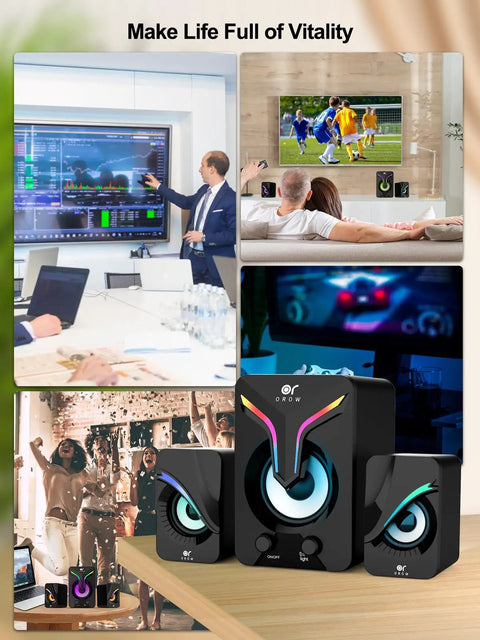Lifestyle collage showcasing 2.1 Channel Desktop Speakers With Subwoofer And RGB Lighting USB Powered Gaming Speaker in various settings