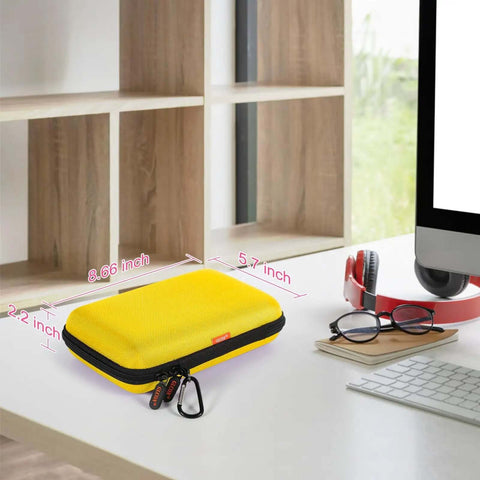 Beefy Bright Yellow Hard Shell Electronics Organizer Case With Carabiner Strap Go Anywhere No Fuss Storage Bag For Tech Gadgets And Daily Carry Essentials on a desk.
