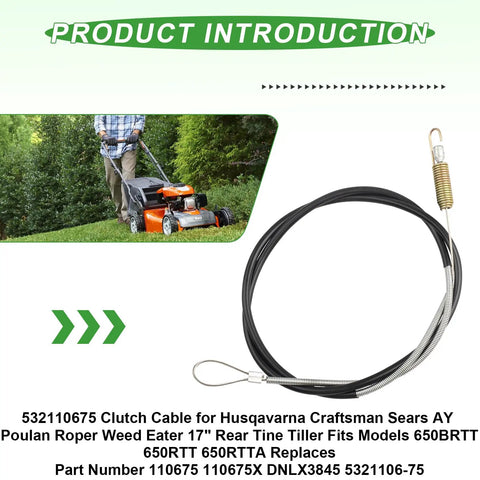 Man using a lawn mower; Clutch Cable For 17 Inch Rear Tine Tillers Replaces 532110675 110675X 110675 in foreground