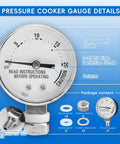 Front view of 85772 pressure cooker gauge with 0-20 psi scale, transparent cover, and brass 3/8 UNC male connection.