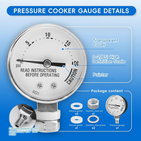 Front view of 85772 pressure cooker gauge with 0-20 psi scale, transparent cover, and brass 3/8 UNC male connection.