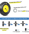 Upgrade 13 Inch Pneumatic Wheelbarrow Tire For 4.00 To 6 Wheel Size Fits Five Eighths And Three Quarters Bearings Hub From 1.75 To 6 Inches Tough As Nails Replacement showcasing tire, bearings, and spacers.