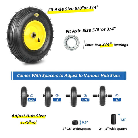 Upgrade 13 Inch Pneumatic Wheelbarrow Tire For 4.00 To 6 Wheel Size Fits Five Eighths And Three Quarters Bearings Hub From 1.75 To 6 Inches Tough As Nails Replacement showcasing tire, bearings, and spacers.