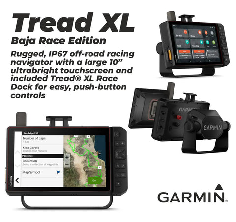 Garmin Tread XL Baja Race Edition Off Road Navigator Pack with 10 inch screen and docking kit displayed on white background