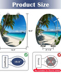 Product size illustration of Elongated Palms tropical beach Toilet Seat, dimensions 17.3x14.5 inches, 18.5 inches long.