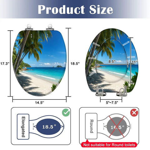 Product size illustration of Elongated Palms tropical beach Toilet Seat, dimensions 17.3x14.5 inches, 18.5 inches long.
