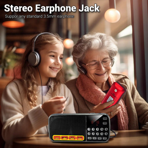 Elderly woman and young girl using Pocket Size AM FM Radio With 1200mAh Battery For All Day Power, USB and MP3 playback, red color.