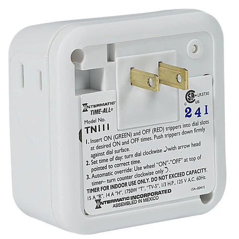 24 Hour Mechanical Plug In Outlet Timer With 15 Amp Indoor Rating showing TN111 model, dual dial control slots, and brass plug contacts.