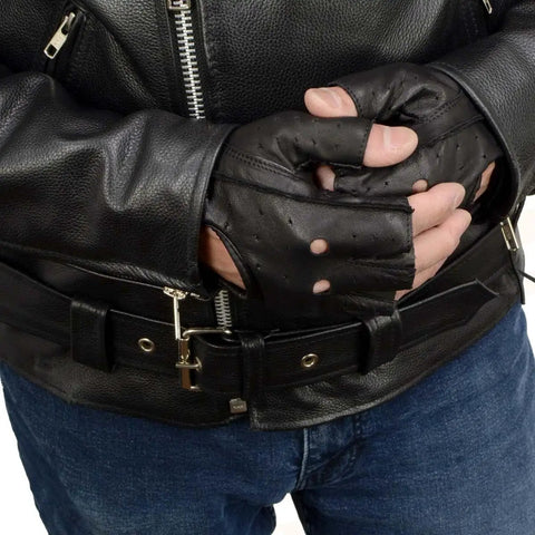 Man wearing Men's Black Perforated Leather Motorcycle Gloves With Gel Padded Palm, Fingerless Open Knuckle, Great Grip And Vibration Reduction For Riding, SH195, Extra Large