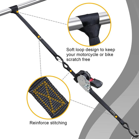 Hassle Free Self Retracting Ratchet Straps 12 Foot Automatic Quick Lock Cargo Tie Down Strap Set showcasing soft loop design and reinforced stitching.