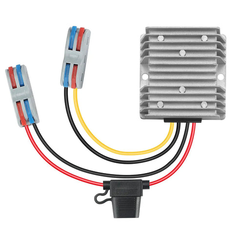 Beefy 240W DC-DC Buck Converter From 20 to 90V Down To 12V 20A Waterproof Power Supply with connectors and wires for trucks and RVs.