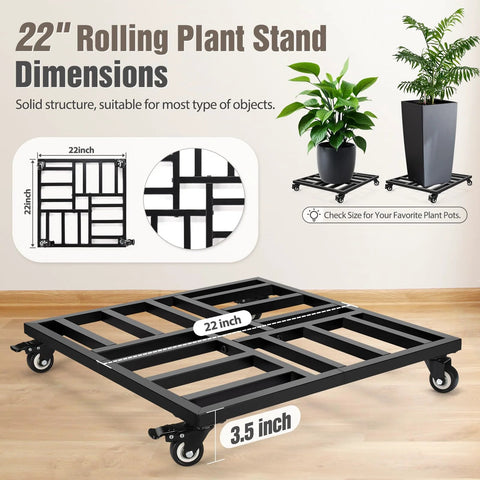 22 Inch Heavy Duty Plant Caddy With Four Wheel Rolling Metal Stand 600 Pound Capacity Square Plant Dolly With Lockable Casters for indoor outdoor use
