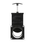 Valterra 3-inch ABS gate valve with T-handle for RV plumbing, hub x spigot connection, black plastic