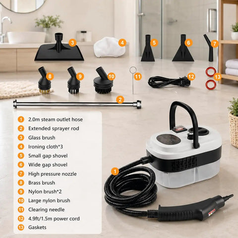 Kolerflo Handheld Steam Cleaner 2500W High Pressure Steamer For Floor Cleaning with accessories on a bathroom floor.
