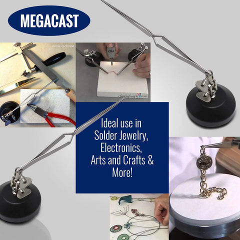Heavy Duty Third Hand With Tweezers For Soldering, Black Metal Craft Stand With A Sturdy 13 Oz Base That Will Not Tip, Cross Locking 6.5 Inch Pointed Tweezers displayed with various uses in jewelry and electronics projects.