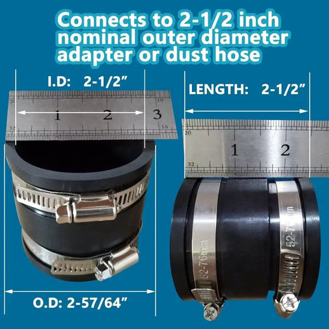 2-1/2 Inch Dust Control Flex Cuff with Hose Connector Ports and 2 Stainless Steel Clamps, black, with size measurements