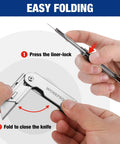 Demonstration of Three Piece Quick Change Folding Pocket Utility Knife Set With Belt Clip for easy blade swap and compact folding