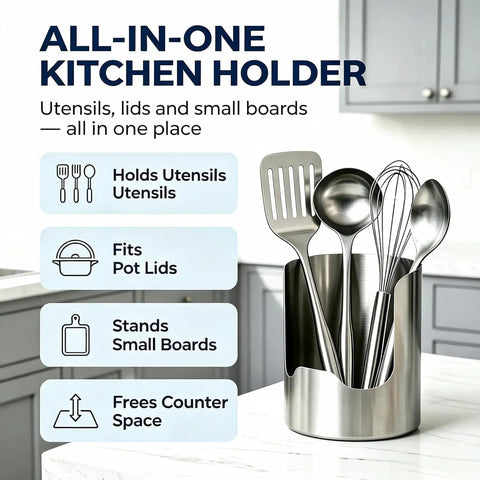 Heavy Duty Stainless Steel Kitchen Utensil Holder And Countertop Caddy Game Changer with spatulas and ladles in organizer.