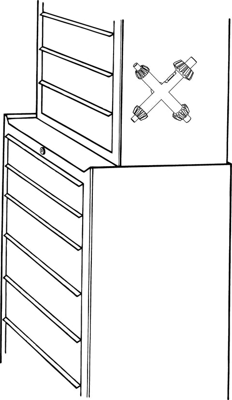 Illustration of a large magnetic chuck key with four size set, mounted on a workshop tool cabinet with alloy steel construction.