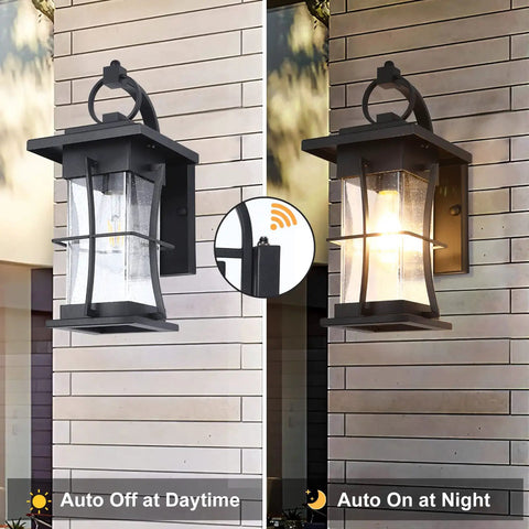 Dusk To Dawn Outdoor Wall Lantern With Sensor, Matte Black Porch Light showing auto on at night and auto off in daylight
