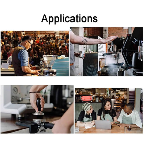 Automatic Espresso Tamper 58mm Electric Coffee Hammer With LCD Screen And Twenty Tamping Levels Rechargeable Barista Gear in use at a coffee shop.