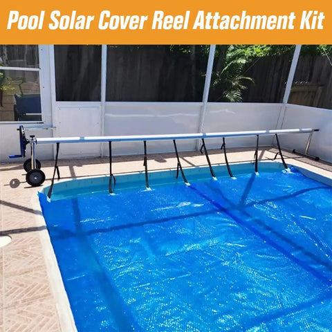 Top Shelf Universal Pool Solar Cover Reel Attachment Kit With Fool Proof Serrated Grip Locking Clips And 24 Piece Hook Strap Bundle For Large Inground Swimming Pools installed above a blue solar cover.